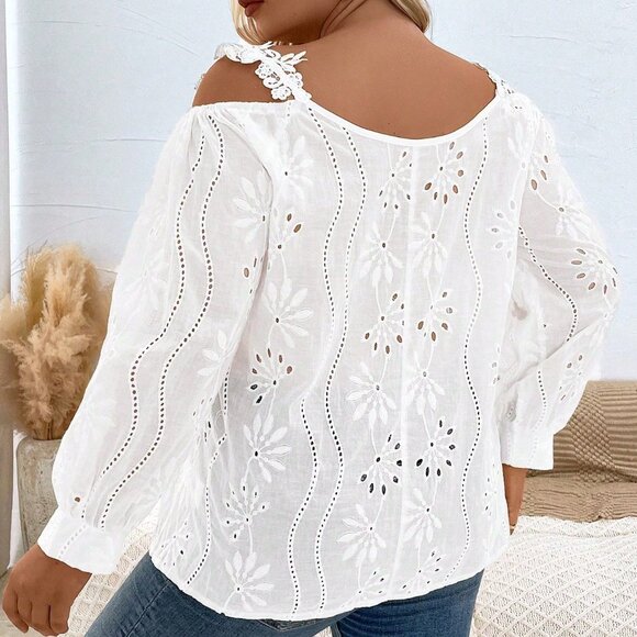 White Casual Women's Plus Size Cold Shoulder Blouse - Picture 2 of 6